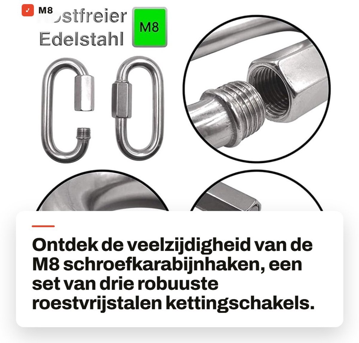 Dailygoods- Schroefkarabijnhaak 3 Stuks - Roestvrij Stalen Kettingschakel - Maximale Belasting 350 kg - Eenvoudig te Bedienen - Afmetingen 75 x 8 mm - Universeel Bruikbaar
