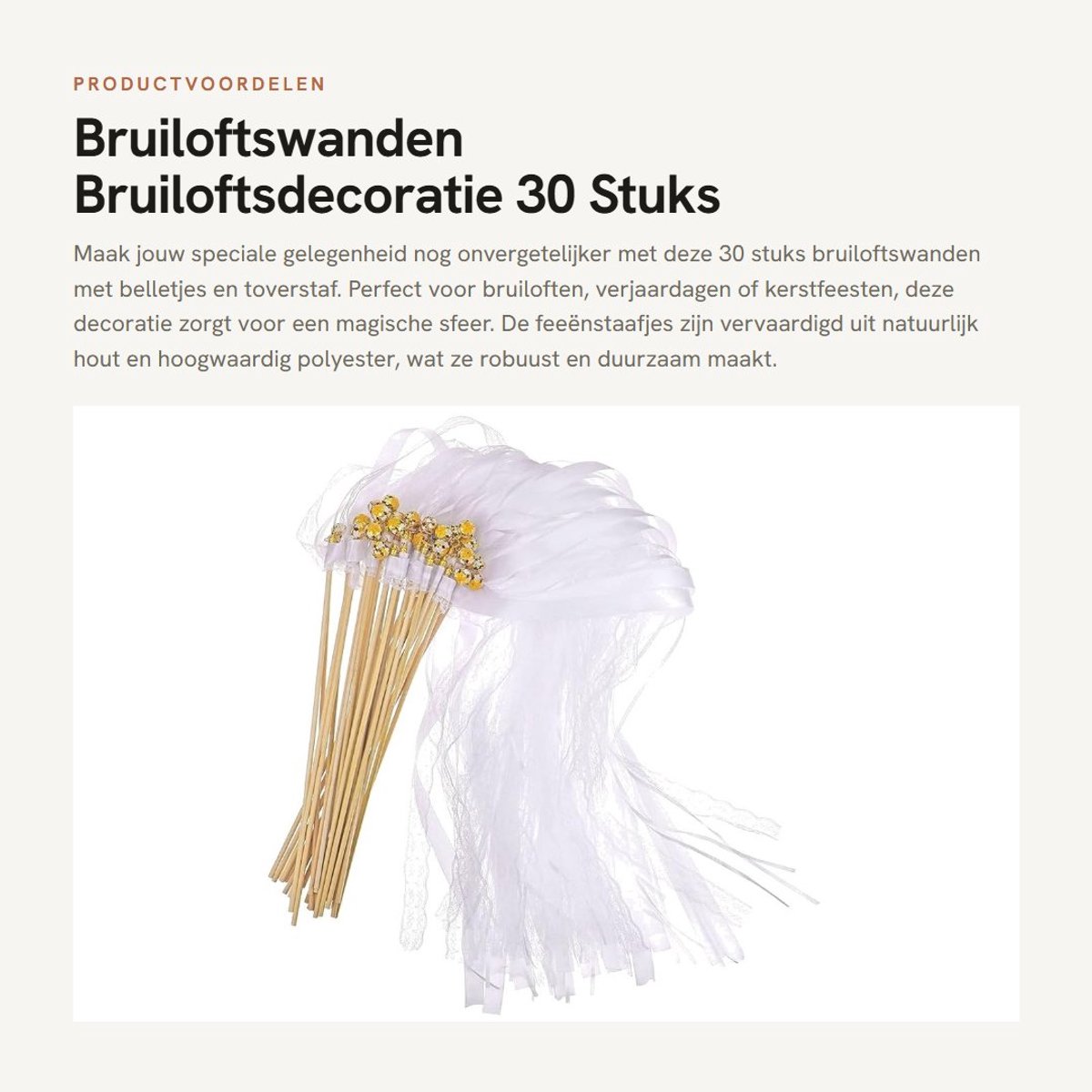 Dailygoods- Bruiloftswanden 30 stuks - Bruiloftdecoratie - Toverstaf - Slinger - Belletjes - Natuurlijk hout en polyester - Feestdecoratie