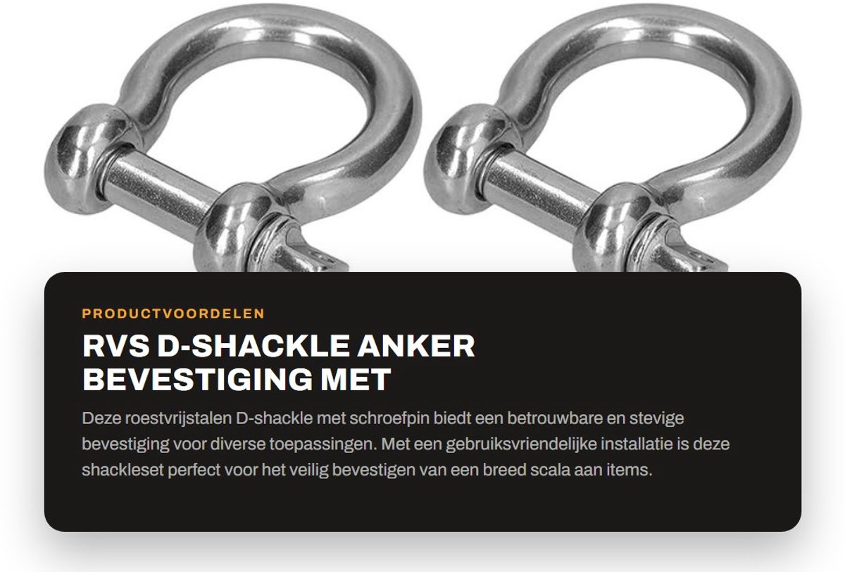 Dailygoods- Ankerschakel D-ring - Beugel met schroef - 2 stuks - Roestvrij staal - Grote draagkracht tot 800 kg - Eenvoudig te bevestigen