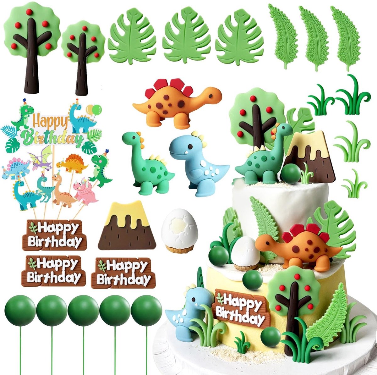 Dailygoods- Taartdecoratie Dinosaurus-set - 34 Stuks - Vulkaan - Bomen - Eieren - Herbruikbaar Materiaal - Veelkleurig - Taartversiering