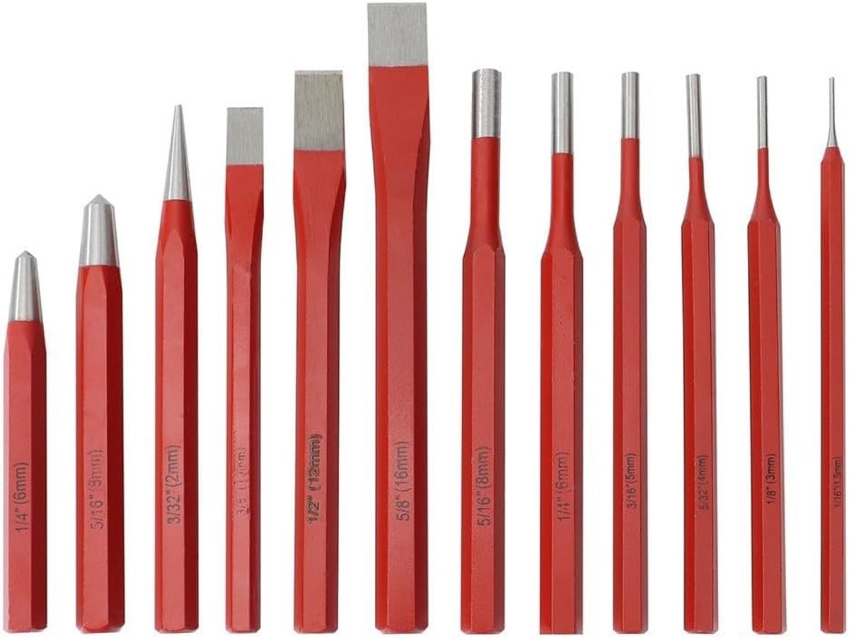 Pons en Beitel Set - Metaalbewerking Gereedschap - Metaal Vormgeven - 12 Delige Set - 1.5mm tot 16mm - Rood