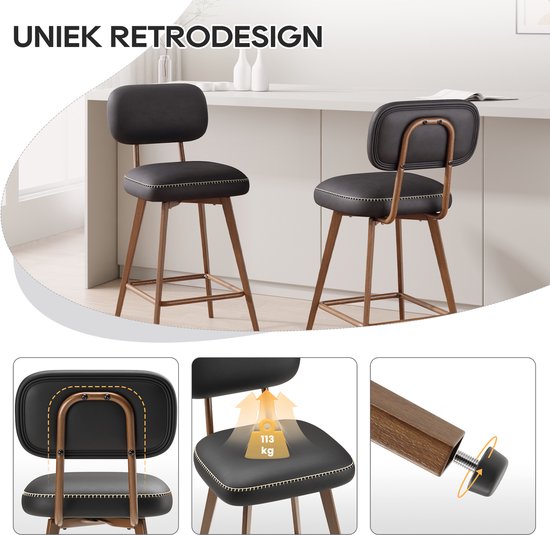Zwarte barkruk met lage rugleuning en metalen frame. Uniek retrodesign.