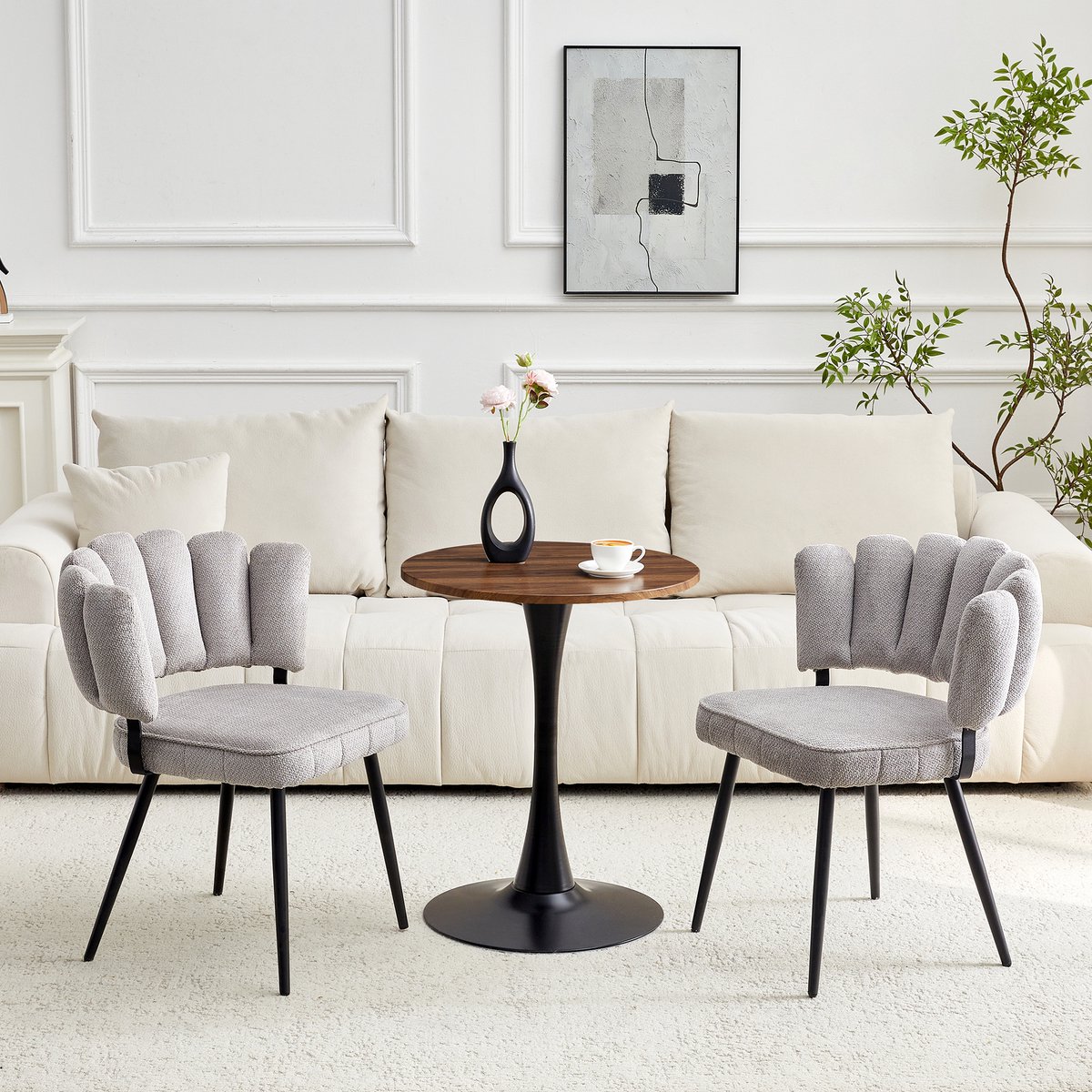 FloraGrace Eettafelset 60 Cm Rond - Met 2 Stoelen En Stevige Middelvoet - Voor Eetkamer En Woonkamer - Houtvezelplaat, Stof En Metaal - Lichtgrijs En Walnootzwart Lichtgrijs, Walnoot En Zwart