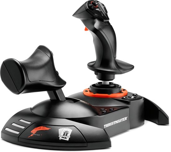 Zijdelings aanzicht van de Thrustmaster flight stick met opvallende oranje logo-afbeelding op de voet.