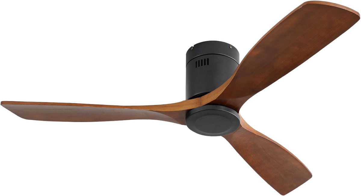 KOMHTOM - Platte DC-plafondventilator - 52 inch - Zonder verlichting - 3 kunstig bewerkte houten vleugels - Geruisloze omkeerbare motor - Afstandsbediening