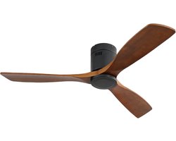 KOMHTOM - Platte DC-plafondventilator - 52 inch - Zonder verlichting - 3 kunstig bewerkte houten vleugels - Geruisloze omkeerbare motor - Afstandsbediening