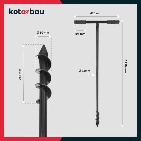 KOTARBAU® Handgrondboor, Palenboor, ⌀ 50 mm, Metaal, 115 cm, Zwart, Grondboor, Grondboor voor Hekpalen, Handboor voor Grond, T-Greep, Ergonomisch en Robuust, Tuinboor — afbeelding 3