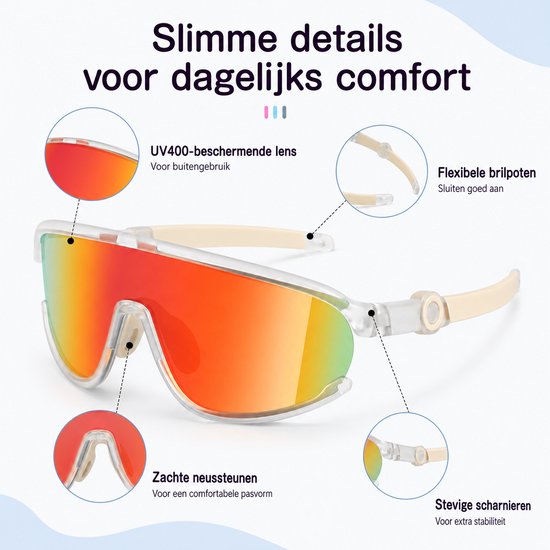 Detaillering van een rood-oranje spiegelende sportbril met doorzichtig montuur: UV400 lens, flexibele pootjes, zachte neussteunen en scharnieren.