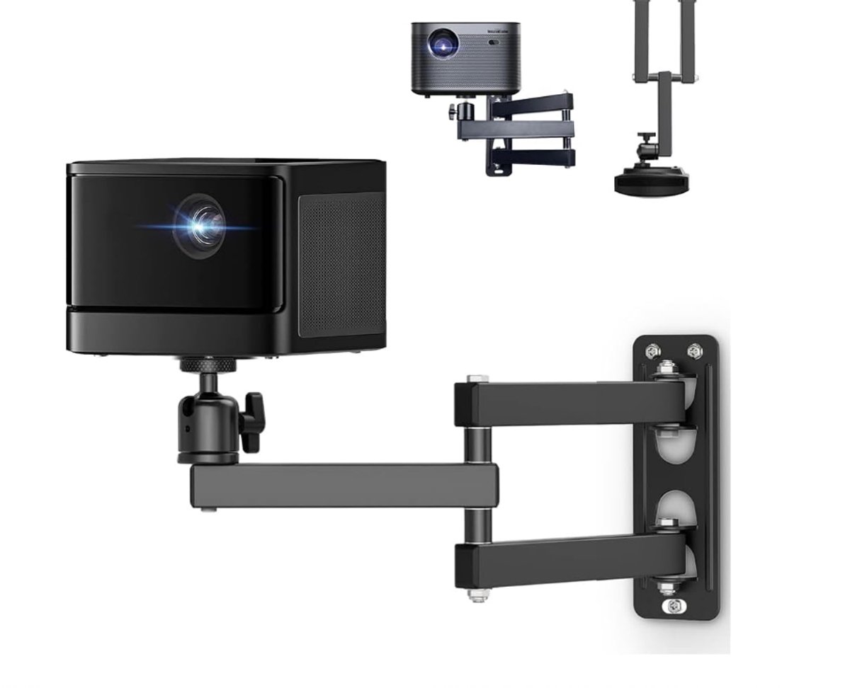 Uitschuifbare projector wandbeugel totale lengte 42 cm met grote 360° kogelkop, draagvermogen maximaal 5 kg, scharnierarm voor volledig draaien en kantelen van mini projectoren thuisbioscoop