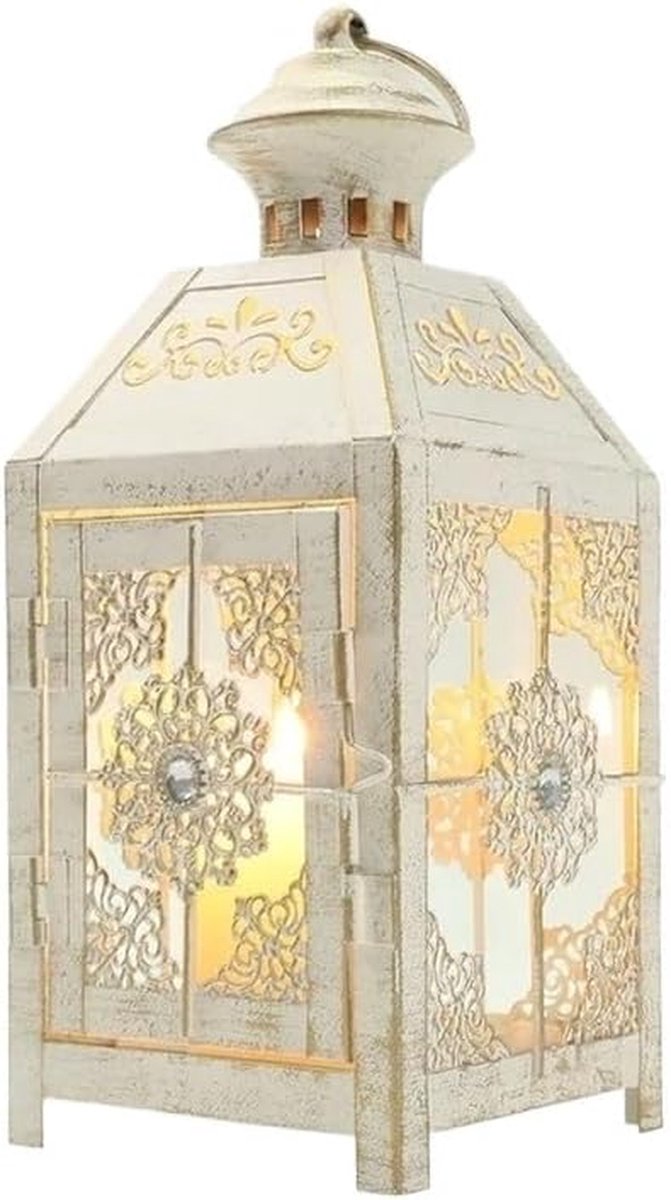Kaarsenhouder Glas - Windlicht Lantaarn - Sfeerverlichting Creëren - Duurzaam Smeedijzer - 10 x 10 x 10 mm - Wit