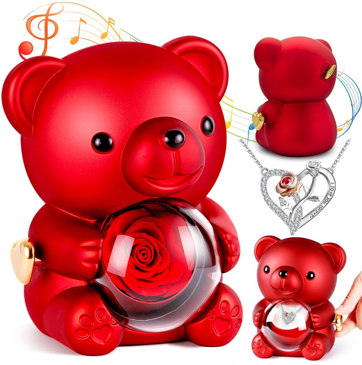 Dailygoods- Muziekdoos Uniek Concept - Muziekdoos Beer - Geschenkdoos met Roos - Cadeau voor Dames - Valentijnsdag - Moederdagcadeau - Gewicht 540 gram
