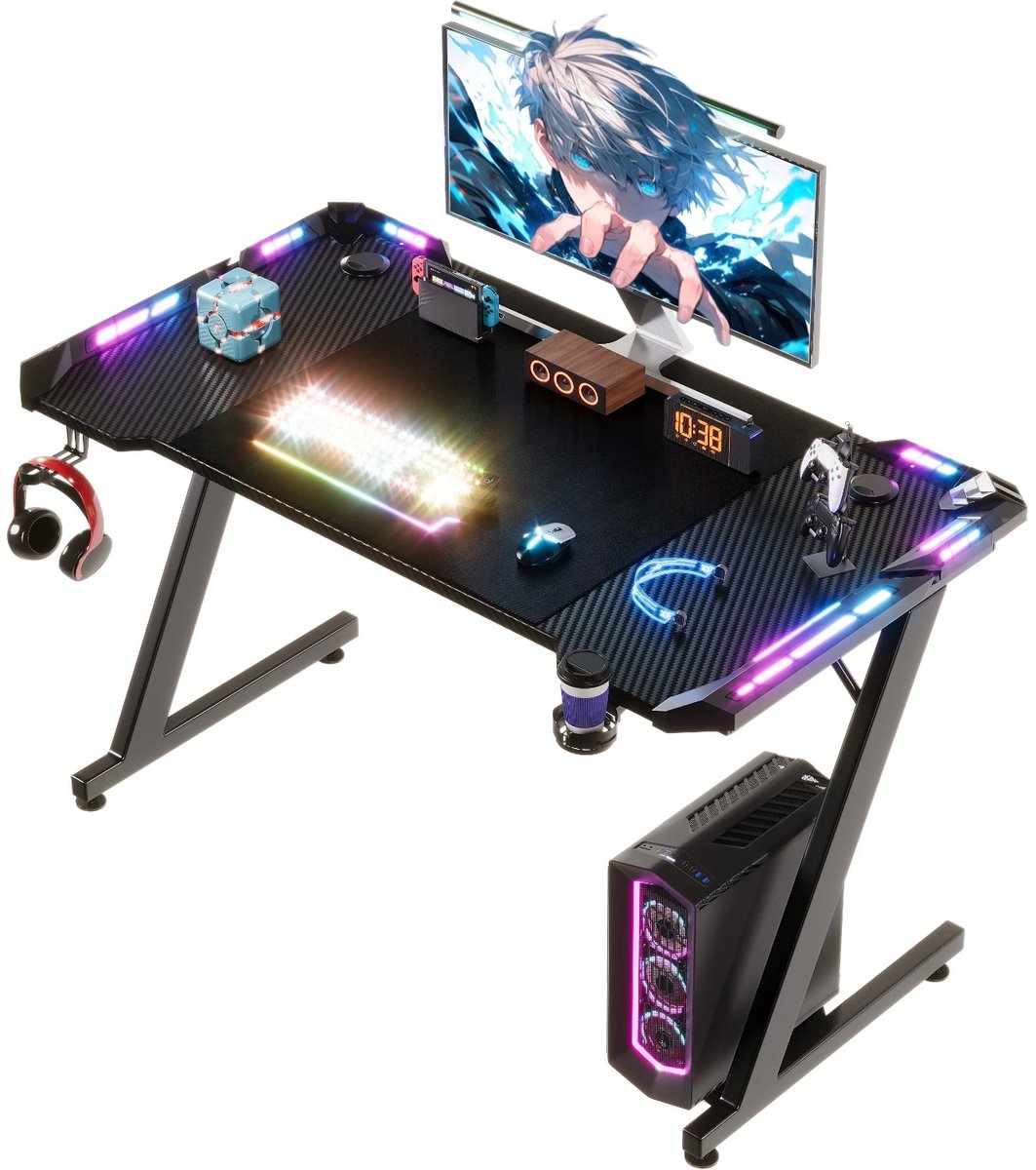 NordHaus Gamingtafel met LED - Gamingbureau - PC-tafel - Ergonomisch Z-Frame Ontwerp - 120 x 60 cm met Bekerhouder