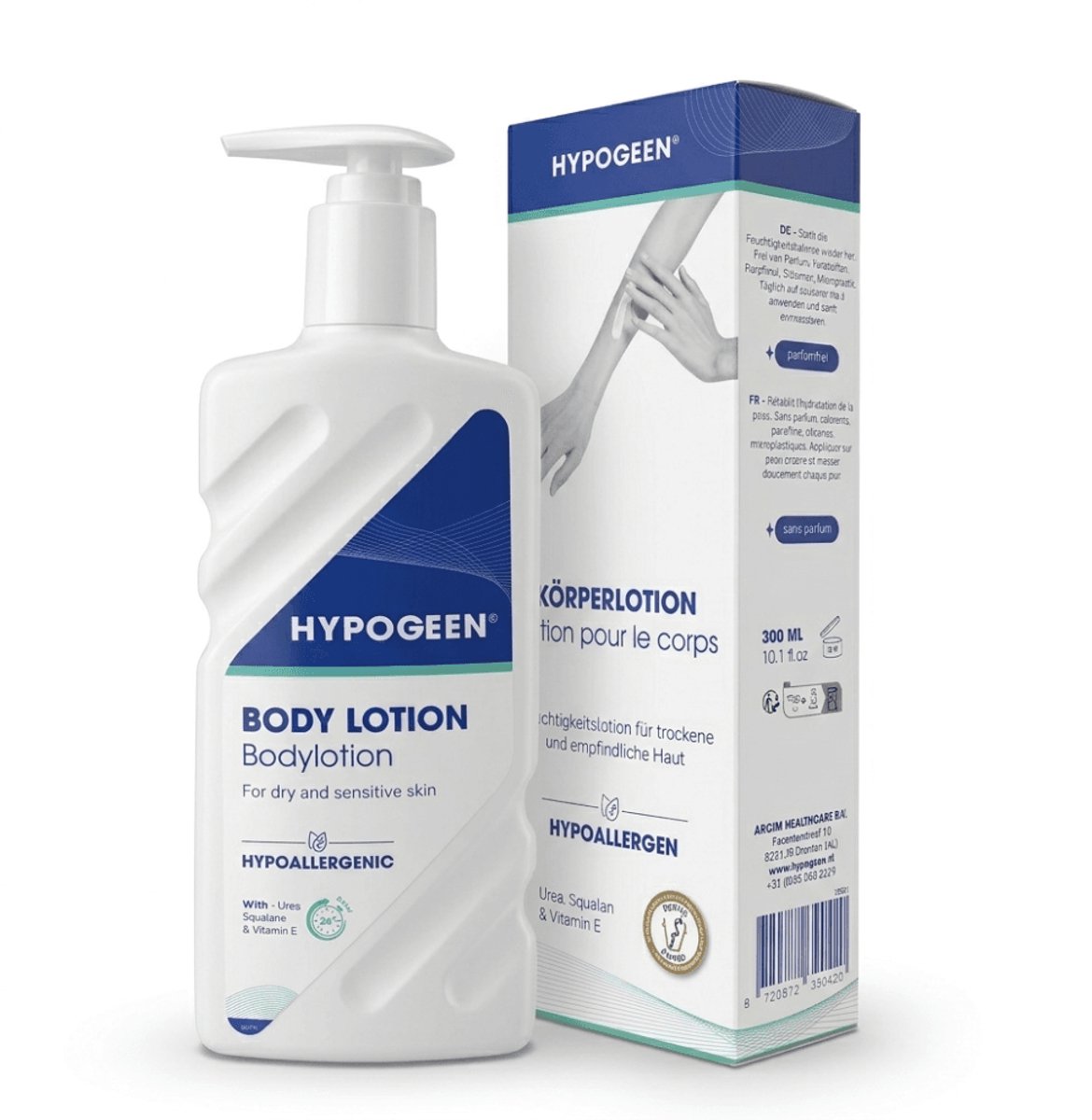 Hypogeen Bodylotion - 72 uur Hydratatie voor Droge & Gevoelige Huid - Parfumvrij & Hypoallergeen - Trekt snel in de huid - Urea, Glycerine, Ectoin - Voor Dames en Heren - 300ml Pompflacon