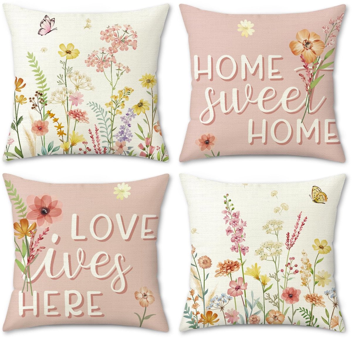 Dailygoods- Kussenslopen set van 4 - Roze bloemen - Decoratieve kussenhoezen - Polyester linnen - 45 x 45 cm - Verborgen ritssluiting