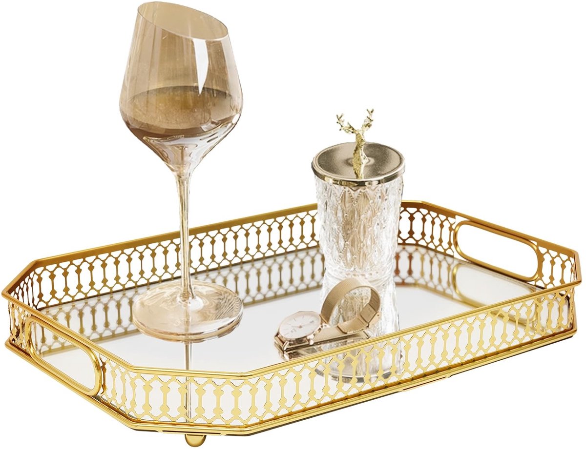 Dailygoods- Dienblad Goud - Decoratief Dienblad - Met Spiegel - 35x25 cm - Hygiënisch - Ge