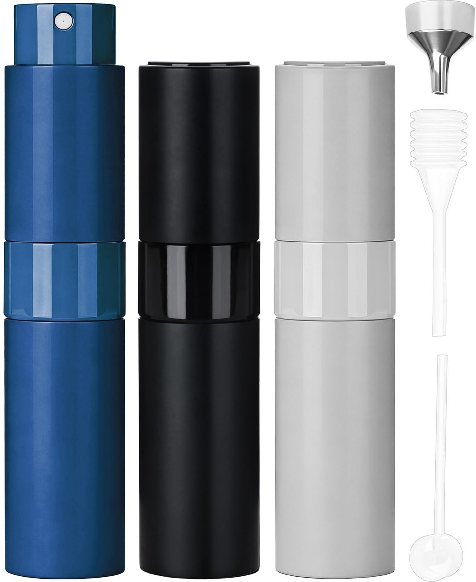 Dailygoods - 8ml Hervulbare Parfumverstuiver Set (3 Stuks) - Parfum Spray Fles met Glazen Binnenfles - Lekvrij Navulbare Reisverstuiver voor Parfum en Aftershave - Zwart, Blauw & Zilver