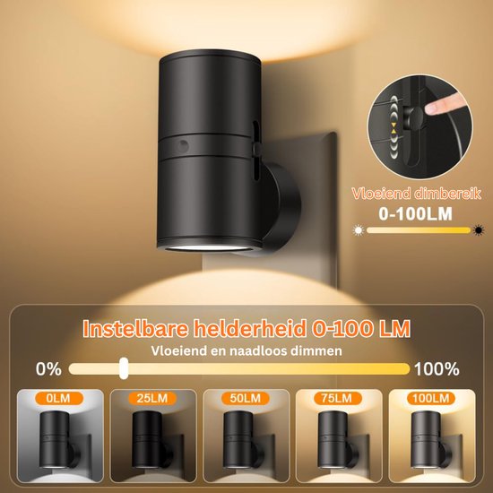 Zwarte wandlamp met instelbare helderheid 0-100 LM, met vloeiend dimbereik.