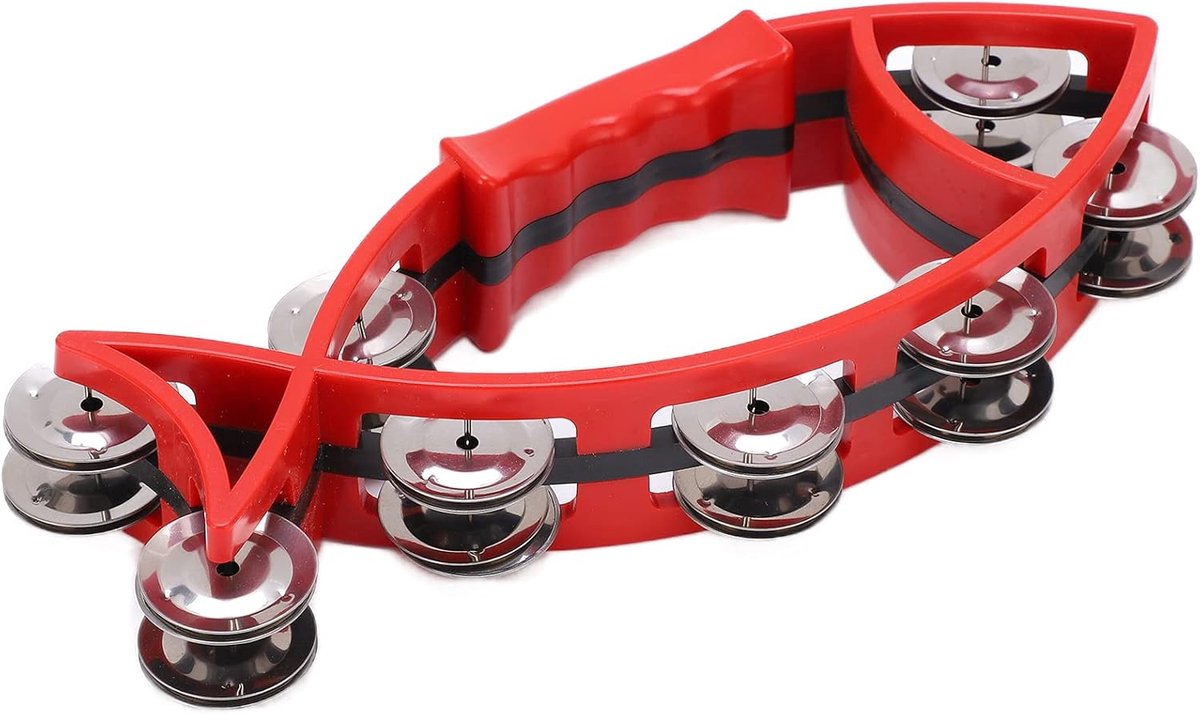 Vis Tamboerijn - Ritme Instrument - Muziek Ontwikkeling - Dubbele Rij Bellen - 29 cm - Rood
