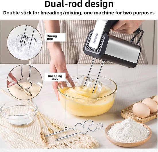 Handmixer Elektrisch - Eierklopper Beslagmixer - Bakken Koken - Instelbare Snelheid - 135 x 8 x 195 cm - Zilver — afbeelding 3