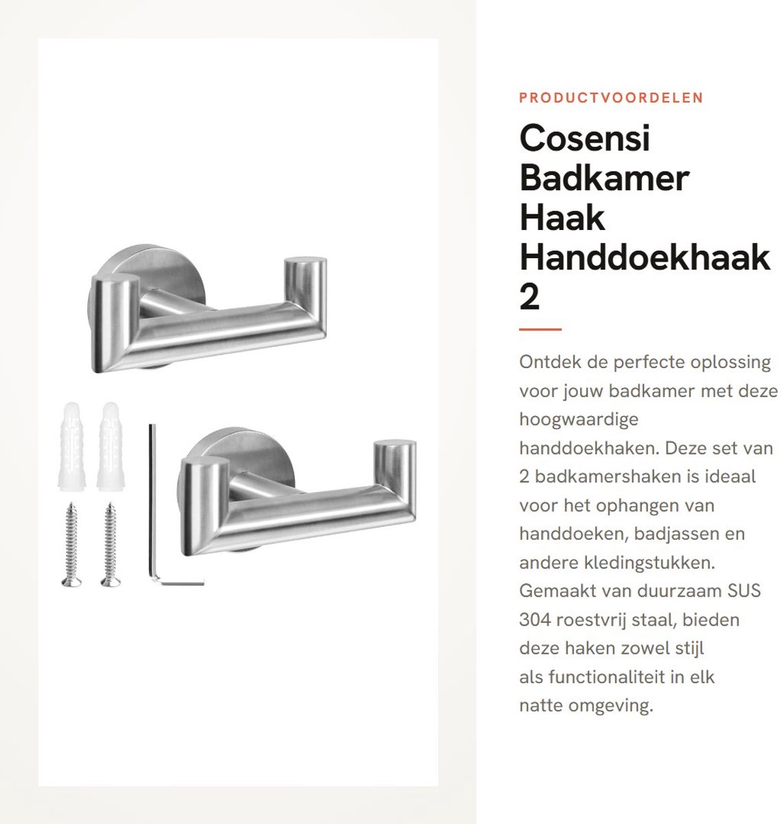 Dailygoods- Handdoekhanger Waterdicht - Dubbele Haak - Roestvrij Staal - Muurbeugel - 5x9.6cm - Eenvoudig te Installeren