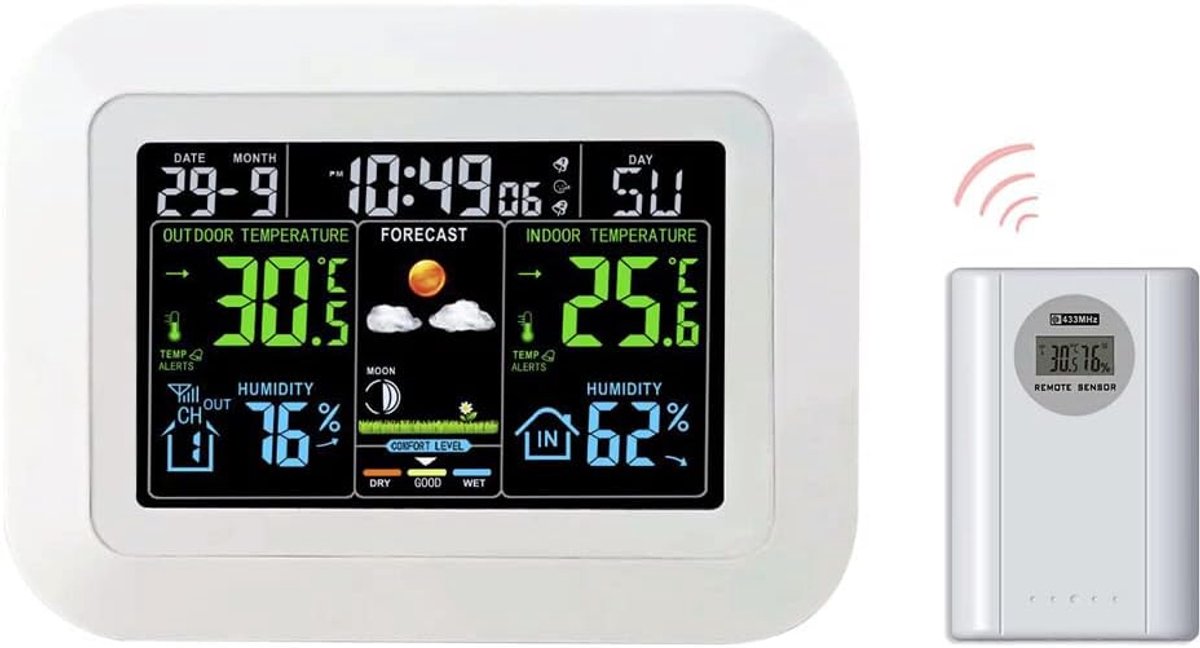Weerstation Klok - Binnen Buiten - Temperatuur Meten - Groot Kleurenscherm - 75 Inch - Wit
