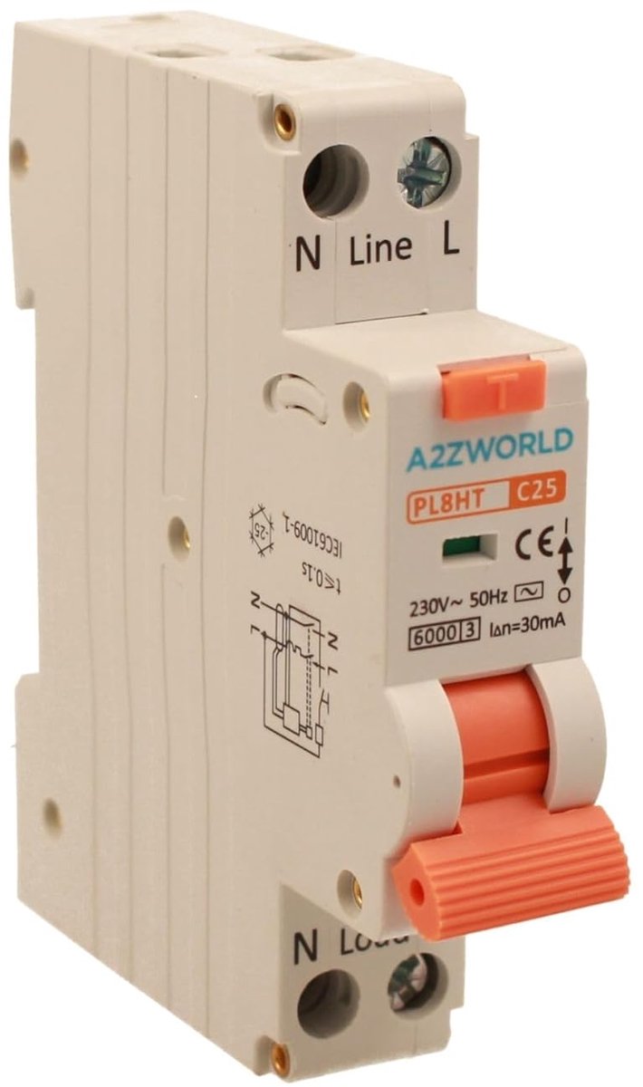 Stroomonderbreker 1P+N - RCBO automaat - Installatie Beveiligen - 3-voudige bescherming - 25A 6kA - Grijs