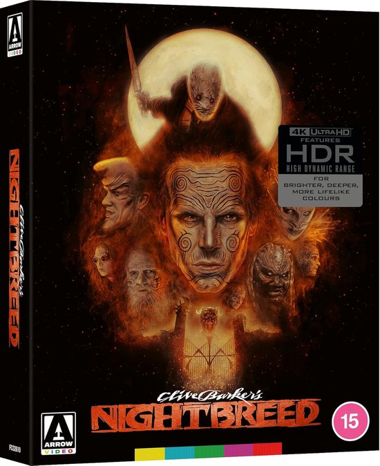 4K Ultra HD Blu-ray hoes van Nightbreed met een centraal gezicht met tatoeages en diverse andere gezichten en wezens eromheen tegen een donkere achtergrond met een maan.