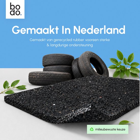 Grijze, antitrillingsmat gemaakt van gerecycled rubber, met een close-up van de textuur en op de achtergrond vier autobanden.
