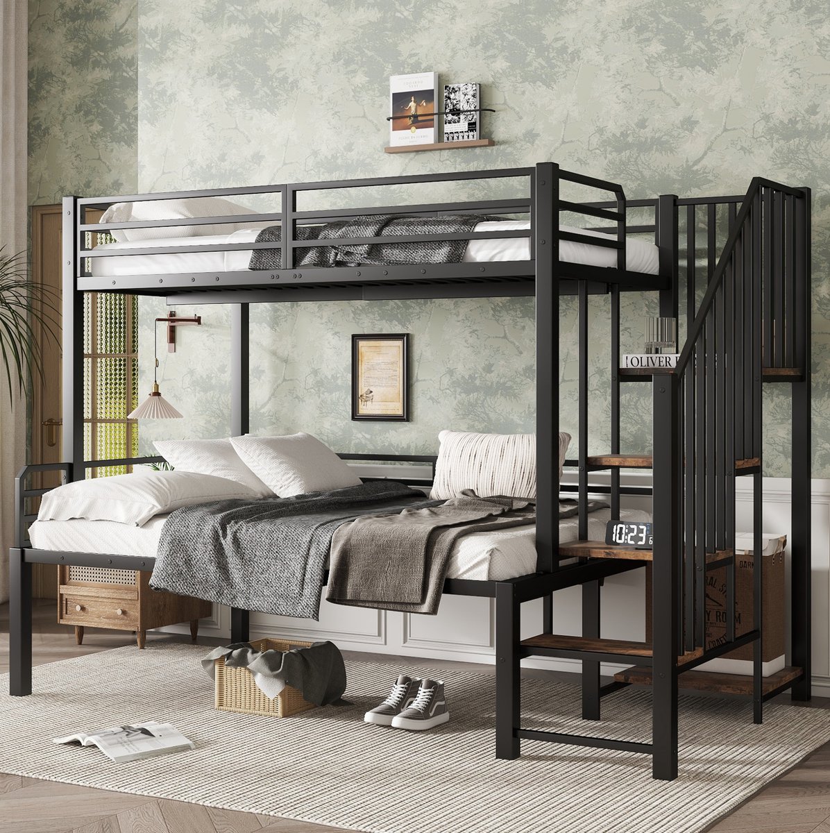 MEUNIQ stapelbed 90x200 en 120x200 cm met 4-traps hoekladder, opbergruimte, veiligheidshekken en lattenbodem, metalen bedframe met MDF, zwart, voor kinderkamer