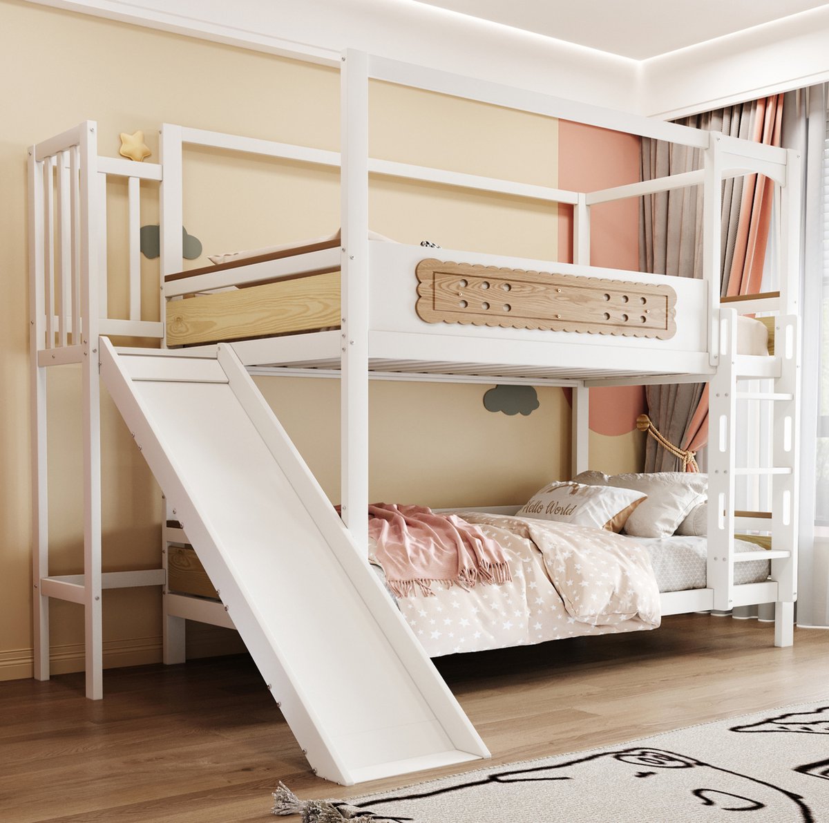 MEUNIQ Stapelbed 90 x 200 cm met huisvormig frame, glijbaan, brede veiligheidsladder en ro