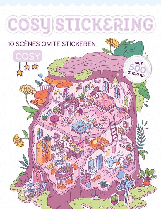 Boekomslag 'Cosy Stickering' met tekening van konijnen in een huisje en de tekst '10 scènes om te stickeren' en 'met 500 stickers'.
