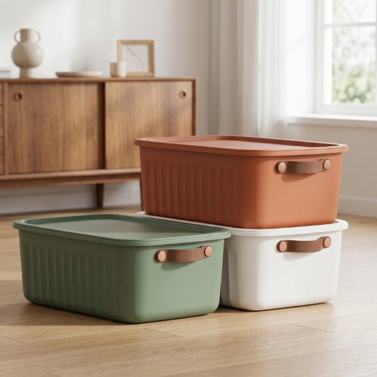 INDECOR-Opbergbox 10 Liter Set van 3 met Deksel – BPA-vrije Stapelbare Opbergdozen met Handgrepen – Opbergmanden voor Kleding, Speelgoed en Accessoires – Terracotta, Wit en Groen
