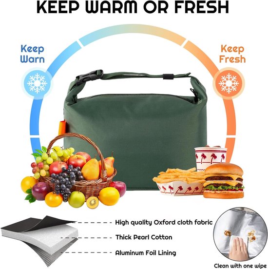 Geïsoleerde lunchtas met dikke aluminiumfolie-voering - Lekvrije thermische bentotas voor werk, school en picknicks - Ruime koel-/warmhoudtas - Inclusief verstelbare schouderriem - Geschikt voor alle leeftijden - Groen van ZVD — afbeelding 4