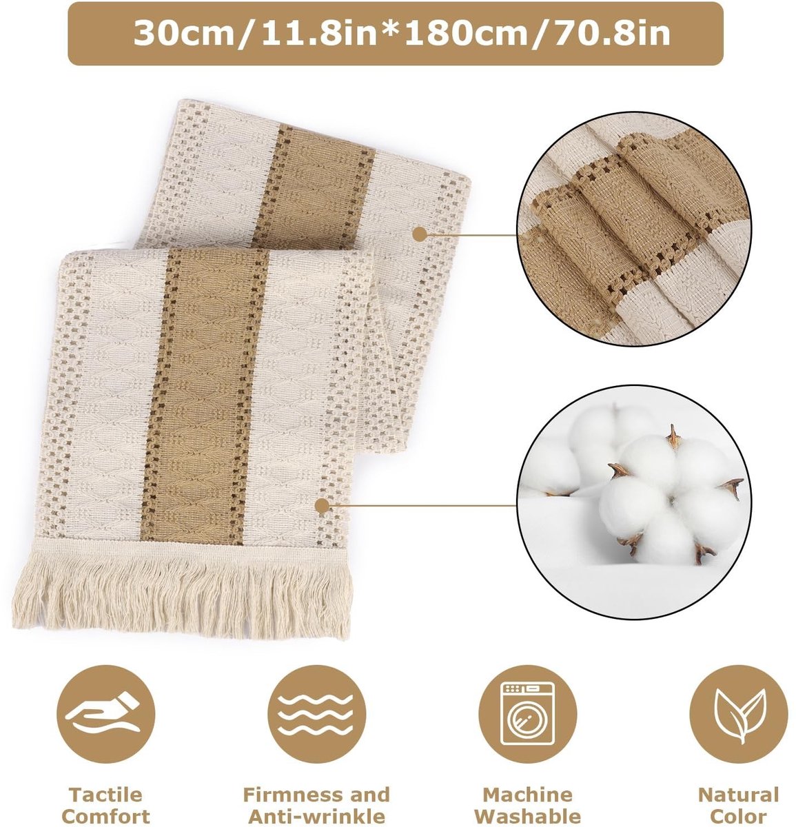 Dailygoods - Salontafelloper, Boho met kwastjes, 180 x 30 cm, geweven kaasdoek, tafelloper voor decoratie in Boheemse stijl, dagelijks thuis, eettafeldecoratie, bruiloftsfeesten (koffiebruin, 180 x 30 cm)