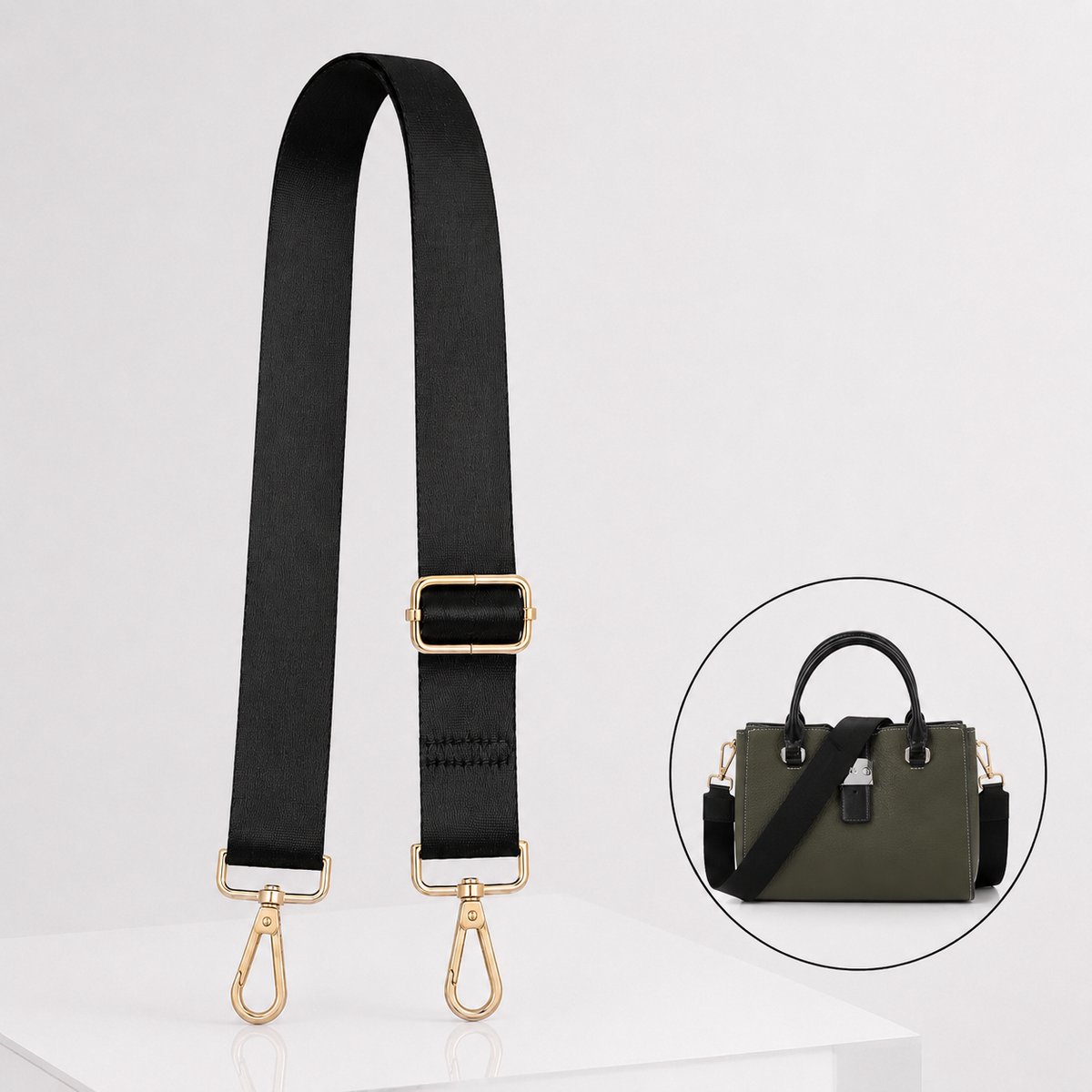 Luxamore® Bag Strap Zwart – Verstelbare Tassenriem – Brede Schouderriem Dames 3,8 cm – Goudkleurige Metalen Haken – Universele Tasriem voor Handtas, Schoudertas en Crossbodytas