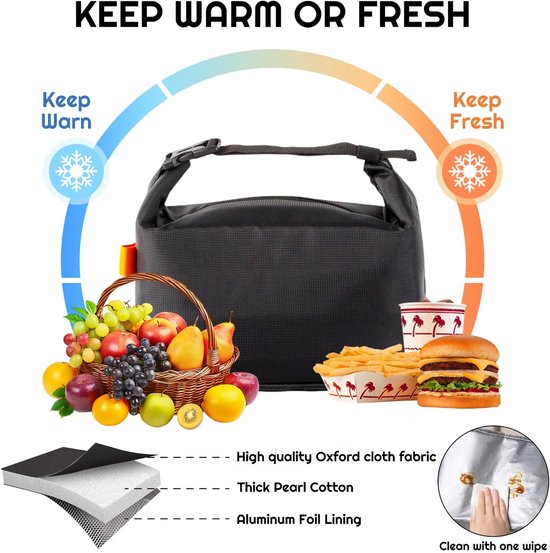 Geïsoleerde lunchtas met dikke aluminiumfolie-voering - Lekvrije thermische bentotas voor werk, school en picknicks - Ruime koel-/warmhoudtas - Inclusief verstelbare schouderriem - Geschikt voor alle leeftijden - Zwart van ZVD — afbeelding 5
