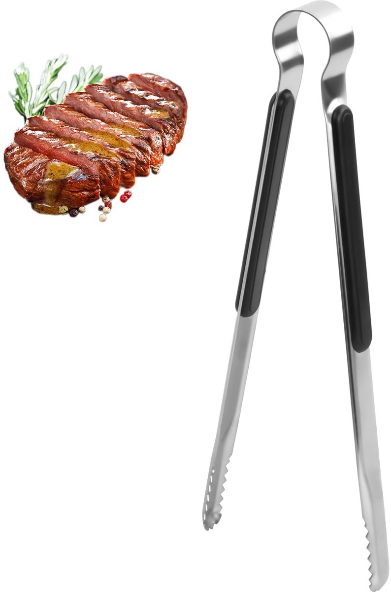 Dailygoods - Keukentang van roestvrij staal, 25,5 cm lange grilltang, grilltang met antislip handgreep, keukentang voor vlees, professionele barbecuetang voor koken, grillen, buffet