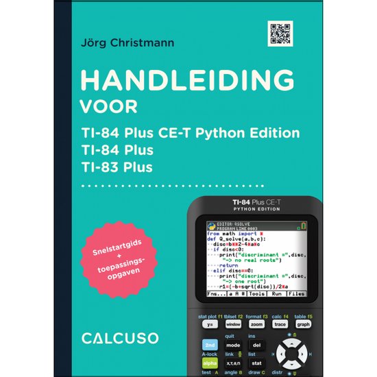 Manuel pour TI-84 Plus CE-T Python Edition, TI-84 Plus, TI-83 Plus avec une calculatrice affichant un programme Python.