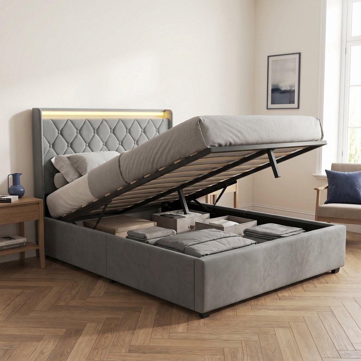 Opbergbed 160x200 cm - Gestoffeerd Tweepersoonsbed met RGB LED en laadstation - Fluwelen bed - Modern - Grijs