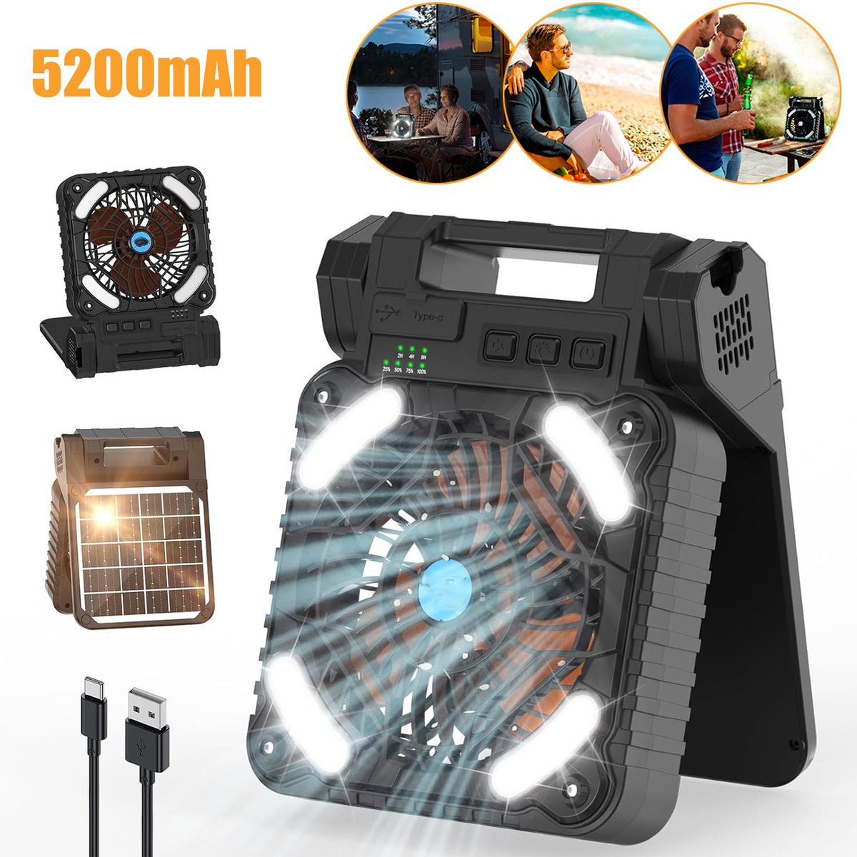 5200mah Zonneventilator - Draagbare Campingventilator - Oplaadbare Tentventilator - Ventilator Op Zonne-Energie Met Led-Verlichting