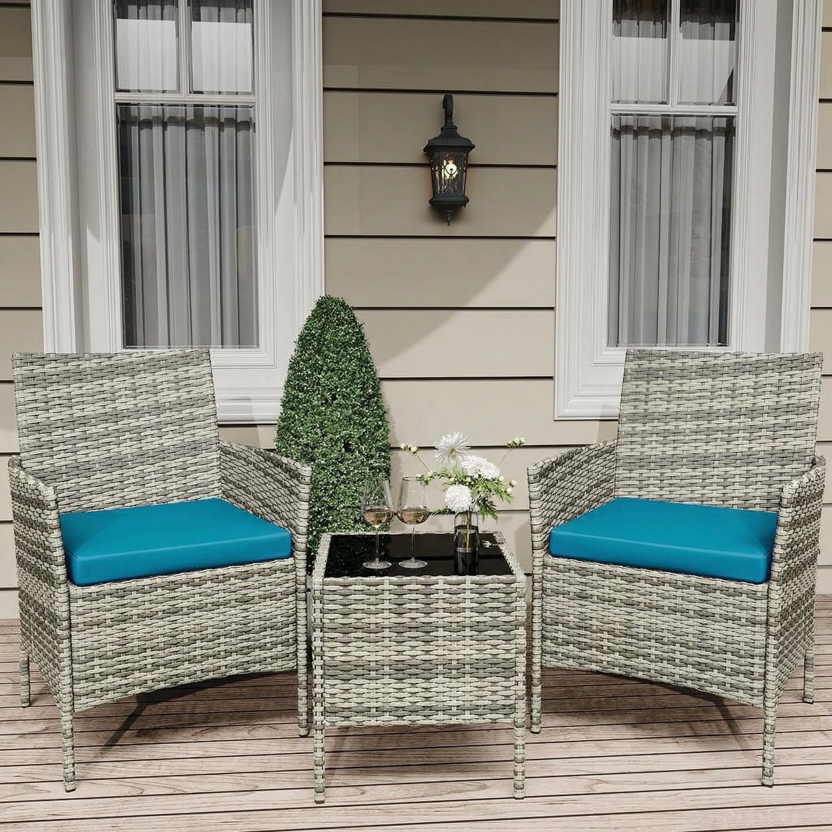 Tuinset 3-delig - Lounge Set met Rotan Fauteuils en Kussens voor 2 Personen - Balkonset met Glazen Salontafel - voor Terras en Tuin - Grijs + Blauwgroen