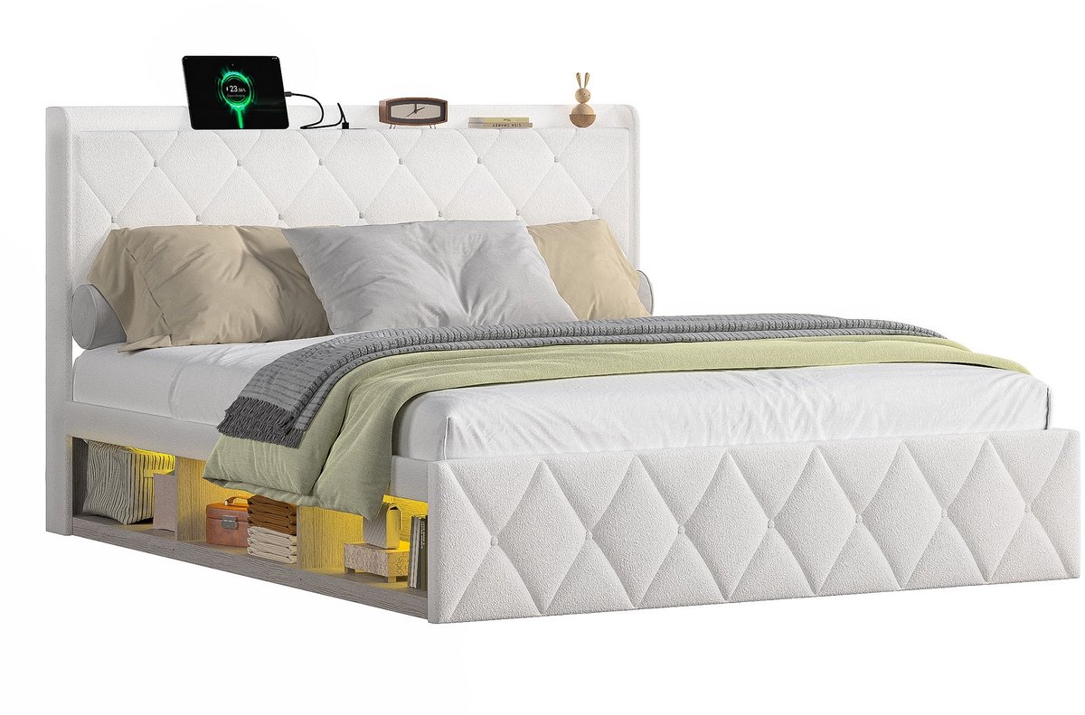 Merax Gestoffeerd Bed 140x200 cm - Wit Fluweel - Bed met 6 Schubladen - USB Aansluitingen - LED Verlichting - Houten Lattenbodem