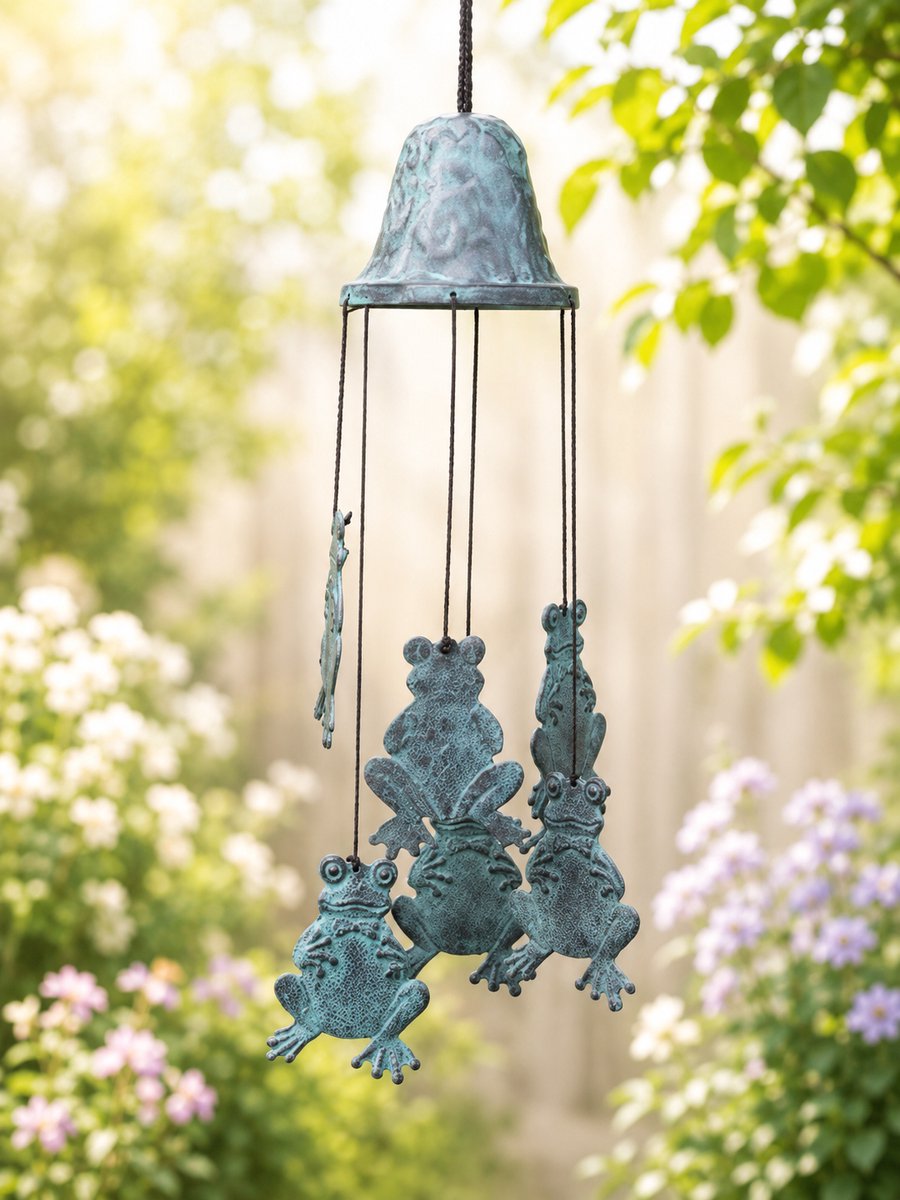 Beeld brons - Windgong met kikkers - 30 cm hoog - Bronzartes