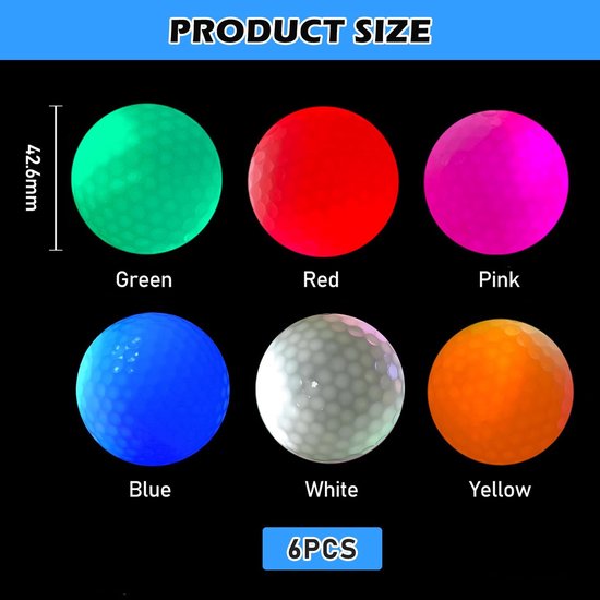 Dailygoods- Golfballen 6 stuks - Lichtgevende Golfballen - Nachttraining - Oplichtende Golfballen - Hoogwaardig Materiaal - Doorsnede 42,6 mm van Dailygoods — afbeelding 2