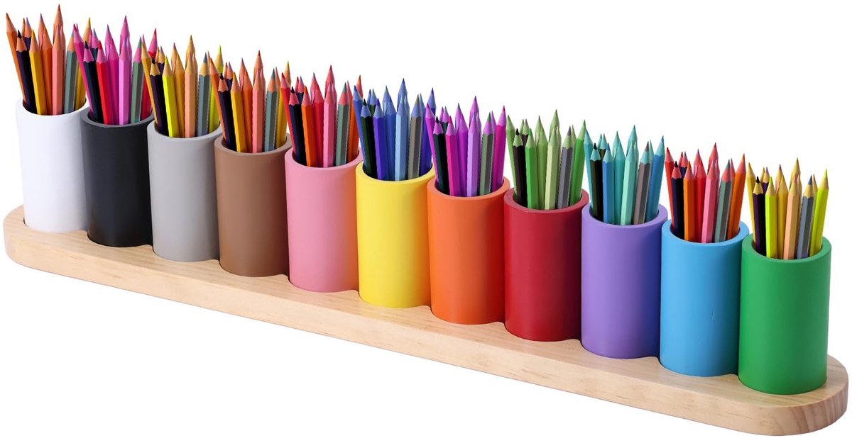 Dailygoods- Kleurpotloodhouder Houten - Montessori Organizer - 11 Compartimenten - Penhouder - Krijtopslag - Bureau Accessoires - Kleurrijk - Pennenhouder