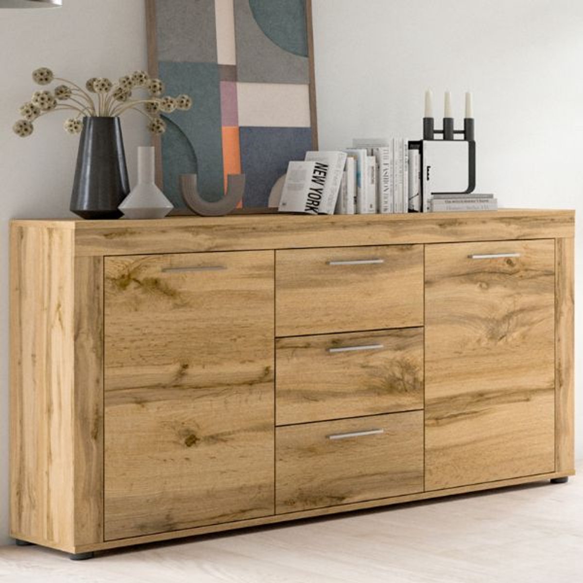 Dressoir Jam - 125x35x80cm - 2 Deuren & 3 Lades - Wotan Eik