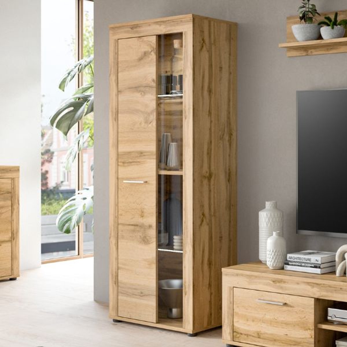 Vitrinekast Jam - 60x35x159cm - 1 Deur - Wotan Eik