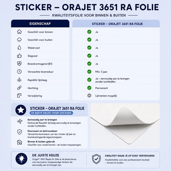Fiche technique avec 'Autocollant - Orajet 3651 RA Folie' et spécifications.
