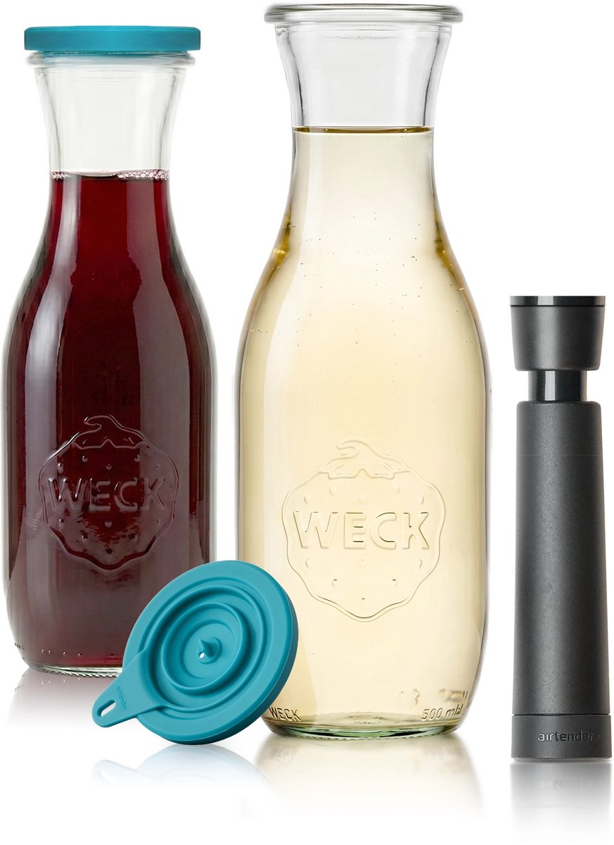 Airtender Wine Saver Carafe 1000ml (2st.) | 2x Vacuüm Wijnkaraf van glas (1L) | 2x Vacuümdeksel + GRATIS wijnpomp | Perfect om wijn tot 5x langer te bewaren | Vacuüm bewaren in de wijnkaraf | Past in de koel- & klimaatkast | From Holland