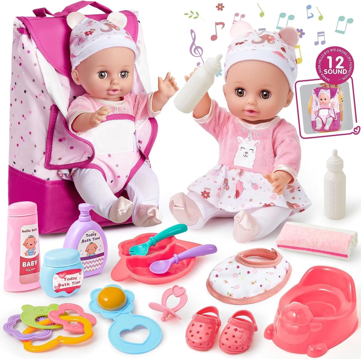 Poppen Accessoires Set - Speelgoed voor meisjes - Rollenspel en verzorging - Maakt 12 geluiden - 35 cm pop